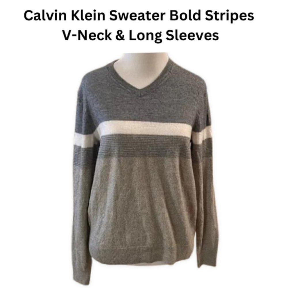 Calvin Klein Sweater Bold Stripes V-Neck & Long Sleeves 2 Toned Grey & White M